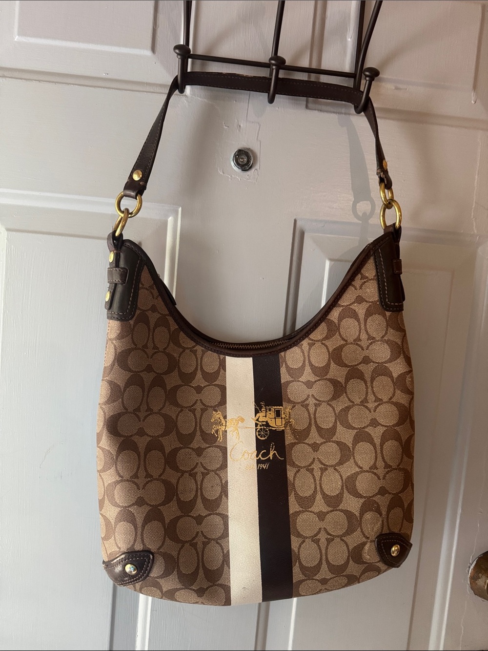 Coach Brown Canvas Hobo with Cream and Dark Brown Stripes